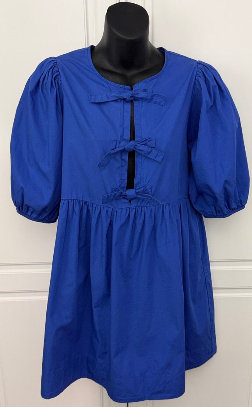 Band Of The Free Blue Babydoll Dress Bow Front Puffed Sleeve Size S